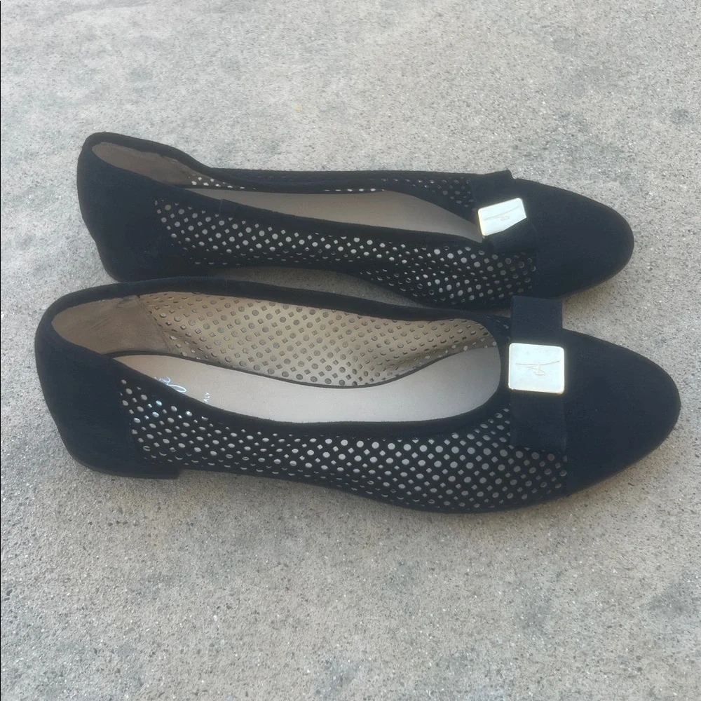 Amalfi by Rangoni Black Suede Bow Tie Gold Detail Flats Women's Size 11